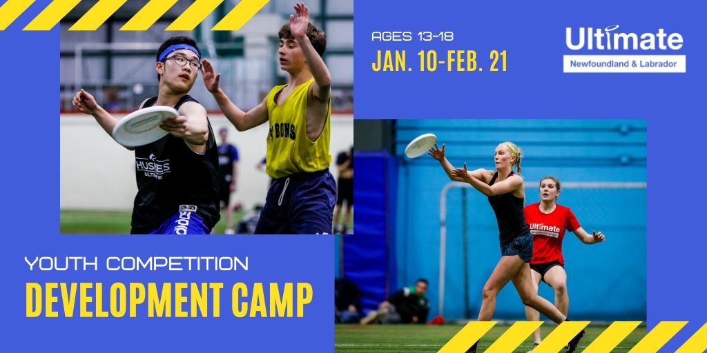 A promotional image that features young ultimate frisbee players and the words "Youth competition development camp."